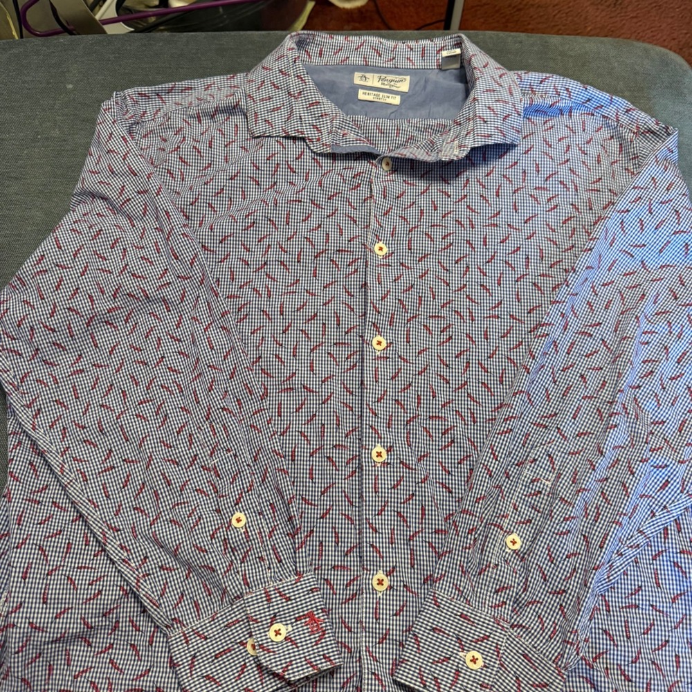 Original Penguin Mens Heritage Slim Fit Chili Pepper Gingham Shirt 17.5 32/33